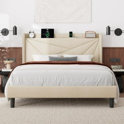 Feonase Full Bed Frame with Charging Station Linen Upholstered Platform Bedframe with Wingback Headboard Solid Wood Slats Support Noise Free No Box Spring Needed Beige
