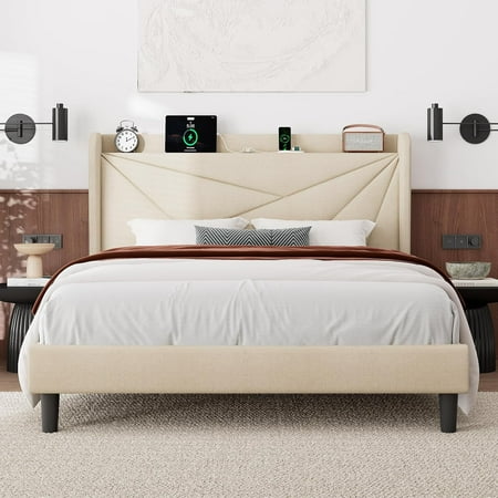 Feonase Full Bed Frame with Charging Station Linen Upholstered Platform Bedframe with Wingback Headboard Solid Wood Slats Support Noise Free No Box Spring Needed Beige Feonase Full Bed Frame with Charging Station Linen Upholstered Platform Bedframe with Wingback Headboard Solid Wood Slats Support Noise Free No Box Spring Needed Beige