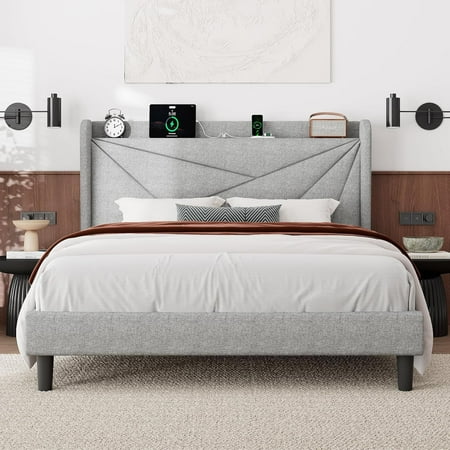Feonase Full Bed Frame with Charging Station Linen Upholstered Platform Bedframe with Wingback Headboard Solid Wood Slats Support Noise Free No Box Spring Needed Light Grey Feonase Full Bed Frame with Charging Station Linen Upholstered Platform Bedframe with Wingback Headboard Solid Wood Slats Support Noise Free No Box Spring Needed Light Grey