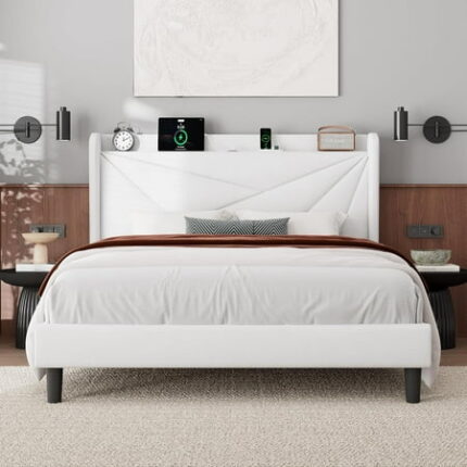 Feonase Full Bed Frame with Charging Station Velvet Upholstered Platform Bedframe with Wingback Headboard Solid Wood Slats Support Noise Free No Box Spring Needed White