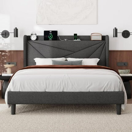 Feonase Queen Bed Frame with Charging Station Linen Upholstered Platform Bedframe with Wingback Headboard Solid Wood Slats Support Noise Free No Box Spring Needed Charcoal Grey
