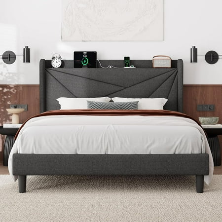 Feonase Queen Bed Frame with Charging Station Linen Upholstered Platform Bedframe with Wingback Headboard Solid Wood Slats Support Noise Free No Box Spring Needed Charcoal Grey Feonase Queen Bed Frame with Charging Station Linen Upholstered Platform Bedframe with Wingback Headboard Solid Wood Slats Support Noise Free No Box Spring Needed Charcoal Grey