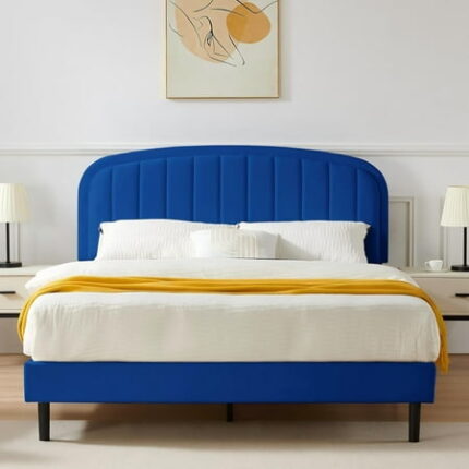 Full Bed Frame Soft Bedframe with Rounded Corners Upholstered Velvet Fabric Platform Bed Frame with Round Headboard Modern Style No Box Spring Required Easy Assembly Blue