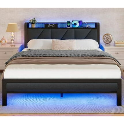 Full Bed Frame with LED Lights Headboard with Charging Station and USB Port Upholstered Platform Bedframe Metal Support No Box Spring Needed