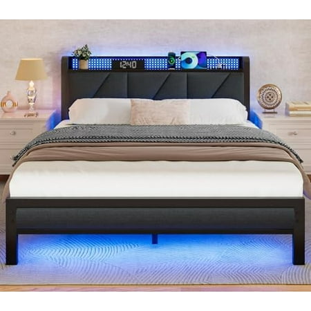 Full Bed Frame with LED Lights Headboard with Charging Station and USB Port Upholstered Platform Bedframe Metal Support No Box Spring Needed Full Bed Frame with LED Lights Headboard with Charging Station and USB Port Upholstered Platform Bedframe Metal Support No Box Spring Needed