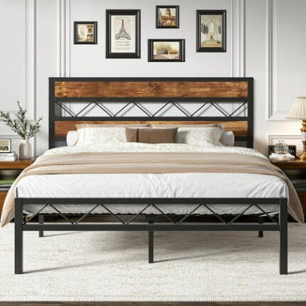 Full Size Bed Frame with Headboard Heavy-Duty Platform Bedframe with Metal Slats Support No Box Spring Needed Easy Assembly Black & Brown