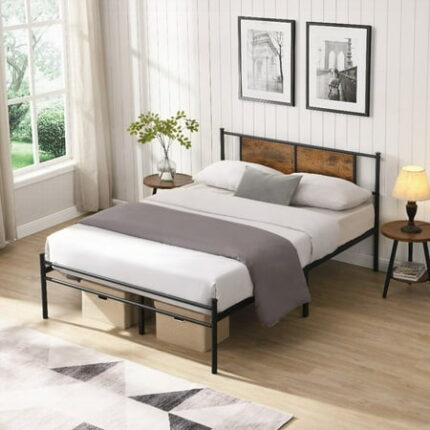 Full Size black metal bedframe having wood panel decoration Strong Steel Structure 10.8 Bed Frame Storage