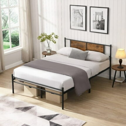 Full Size metal bedframe with black metal and wood panel headboard. Sturdy system for durability & stability. 10.8 bed frame for storage. Easy to assemble.