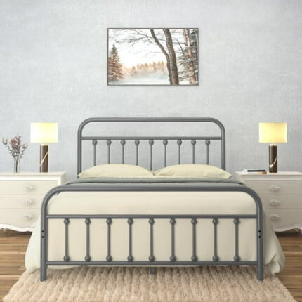 Golden Gate Beds Victorian Vintage Style Metal Bed Frame with Wrought Iron Headboard and Footboard Classic Platform Bedframe Storage No Box Spring Needed Mattress Foundation Silver Queen Size