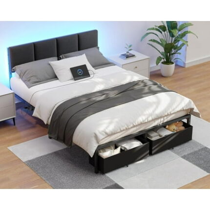 JL Full Size Bed Frame with Headboard Upholstered Bed Full with LED Light USB Charging Station Platform Bedframe with 2 Fabric Underbed Storage Drawers No Spring Box Needed