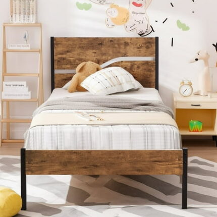 Javlergo Metal Platform Bed Frame with Wooden Headboard and Footboard Industrial Metal Bedframe No Box Spring Needed Brown Twin