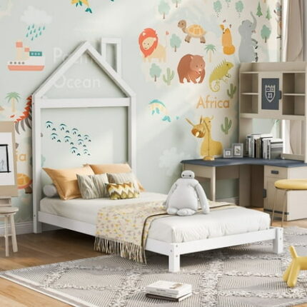 Kacho Twin Size Floor Bed with House-Shaped Headboard Floor Bed with Solid Wood Slats Twin Platform Bed Frame for Bedroom Wood Twin Bedframe No Box Spring Needed White