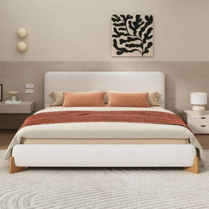 King Bed Frame and Headboard Boucle Upholstered Bed Platform Bedframe White
