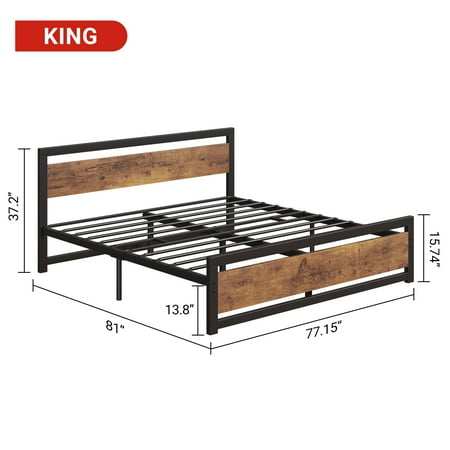 King Size Bed Frame Industrial Queen Bed Platform with Headboard No Box Spring Needed 14 Inch Easy Assemble Queen Mattress Bedframe Retro Brown King Size Bed Frame Industrial Queen Bed Platform with Headboard No Box Spring Needed 14 Inch Easy Assemble Queen Mattress Bedframe Retro Brown