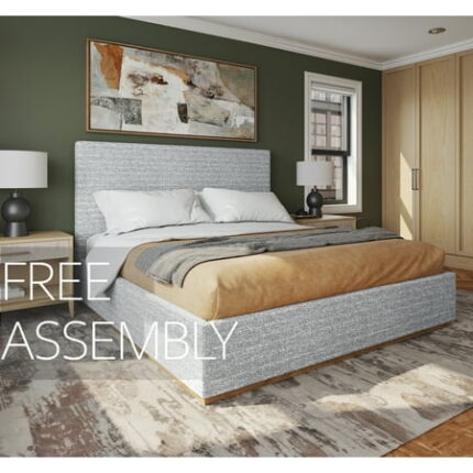 King Size Bed Frame with Headboard - Free Assembly Upholstered - Monaco Bed - Sturdy Wood Bedframe Heavy Duty Platform in Soft Fabric - Contemporary Style Boho - Non-Slip