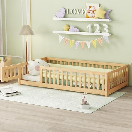 LOVMOR Twin Size Montessori Floor Bed with Door & Safety Fence Solid Wooden Bedframe Floor-Bed-Frame for Playroom Bedroom LOVMOR Twin Size Montessori Floor Bed with Door & Safety Fence Solid Wooden Bedframe Floor-Bed-Frame for Playroom Bedroom