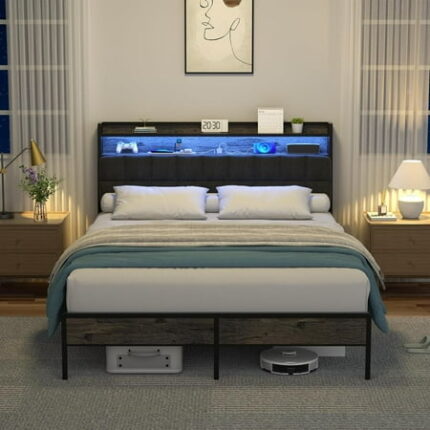 Miekor Furniture Full Bed Frame Ergonomic Headboard with Multi-Space Storage Bedframe with Charging Station RGB LED Lights MK1973
