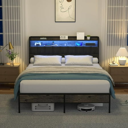 Miekor Furniture Full Bed Frame Ergonomic Headboard with Multi-Space Storage Bedframe with Charging Station RGB LED Lights MK1973 Miekor Furniture Full Bed Frame Ergonomic Headboard with Multi-Space Storage Bedframe with Charging Station RGB LED Lights MK1973