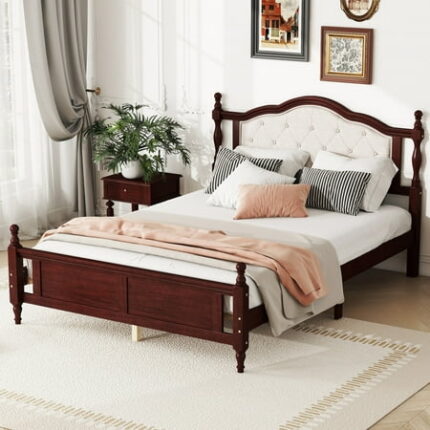 Queen Size Bed Frame Bedframe with Upholstered Headboard and Panel Footboard Slat Support with Two Bed Rail Support Feet and Central Platform Support Feet Cherry