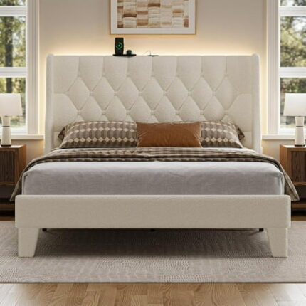 Queen Size Bed Frame White Platform Bed Frame with Type-C and USB Ports Wingback Bedframe with Headboard and Storage
