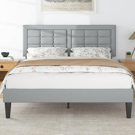 Queen Size Bed Frame with Adjustable Headboard Upholstered Button Tufted Platform Bedframe with Wood Slats Support No Box Spring Needed Light Grey Queen Size Bed Frame with Adjustable Headboard Upholstered Button Tufted Platform Bedframe with Wood Slats Support No Box Spring Needed Light Grey