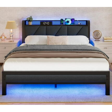 Queen Size Bed Frame with Headboard and LED Lights Upholstered Bedframe with Charging Station and USB Port Platform Metal Bed Frames No Box Spring Needed Noise Free