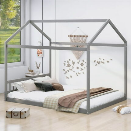 Queen Size Wooden House Shaped Bedframe with Headboard for Kids and Teens House Bed Floor Bed Frame with Roof and Slats Support Can be Decorated with DIY No Box Spring Needed Gray