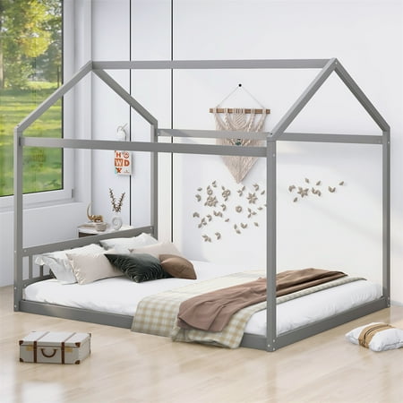 Queen Size Wooden House Shaped Bedframe with Headboard for Kids and Teens House Bed Floor Bed Frame with Roof and Slats Support Can be Decorated with DIY No Box Spring Needed Gray Queen Size Wooden House Shaped Bedframe with Headboard for Kids and Teens House Bed Floor Bed Frame with Roof and Slats Support Can be Decorated with DIY No Box Spring Needed Gray