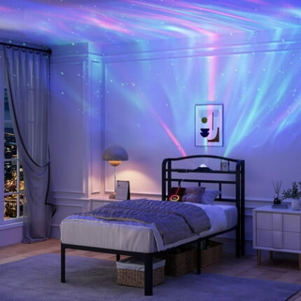 RONOVIA Twin Bed Frame with Headboard Heavy Duty Bedframe with Galaxy Aurora Projector & Charging Station Basic Steel Slats Platform No Box Spring Needed Noise-Free 14 Inch