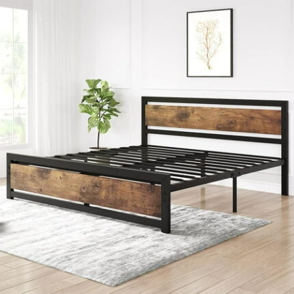 Rugerasy 14 Inch Bed Frame Platform with Headboard Industrial FULL Bed Platform Frame with Heavy Duty Steel Slat No Box Spring Needed Easy to Assemble Wooden Bedframe FULL Retro