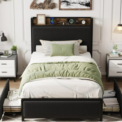 Senfot Twin Size Bed Frame with 2 Storage Drawers and Charging Station Rustic Linen Upholstered Platform Bedframe with Storage Headboard No Box Spring Needed Heavy Duty Noise Free Easy Assembly Black
