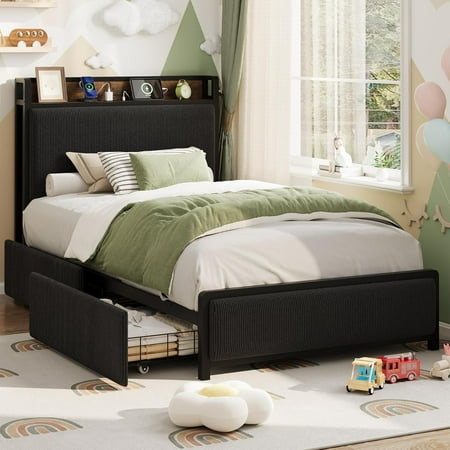 Twin Size Bed Frame with 2 Storage Drawers and Charging Station Rustic Linen Upholstered Platform Bedframe with Storage Headboard Heavy Duty No Box Spring Needed Easy Assembly Noise Free Black Twin Size Bed Frame with 2 Storage Drawers and Charging Station Rustic Linen Upholstered Platform Bedframe with Storage Headboard Heavy Duty No Box Spring Needed Easy Assembly Noise Free Black