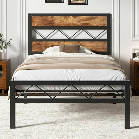 Twin Size Bed Frame with Headboard Heavy-Duty Platform Bedframe with Metal Slats Support No Box Spring Needed Easy Assembly Black & Brown Twin Size Bed Frame with Headboard Heavy-Duty Platform Bedframe with Metal Slats Support No Box Spring Needed Easy Assembly Black & Brown