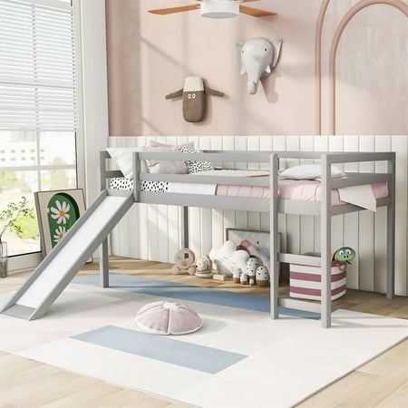 Twin Size Loft Bed with Slide High Loft Bed Frame with 11 Solid Wood Slats & Safety Rail Wooden Bedframe Multifunctional Bunkbeds for Bedroom No Spring Box Needed Gray Twin Size Loft Bed with Slide High Loft Bed Frame with 11 Solid Wood Slats & Safety Rail Wooden Bedframe Multifunctional Bunkbeds for Bedroom No Spring Box Needed Gray