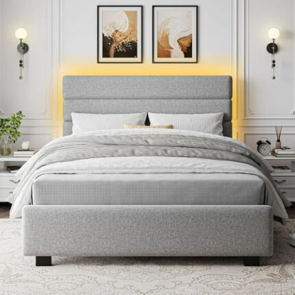 Upholstered Bed Frame Full Size with Headbaord Platform Full Bed Frame with LED Light Modern BedFrame with Footboard No Box Spring Needed (Light Grey)