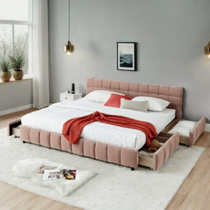 Upholstered King Size Bed Frame with 4 Storage Drawers and Headboard Modern Soft Chenille Fabric Platform Bedframe with Wooden Slats Support No Box Spring Needed Pink