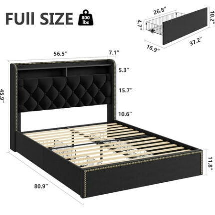 Velvet FULL Size Bed Frame with 4 Storage Drawers with Tufted Headboard and Nailhead Trim Design Black No Box Spring Needed Wooden Slats Bedframe