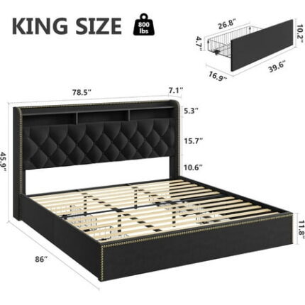 Velvet King Size Bed Frame with 4 Storage Drawers with Tufted Headboard and Nailhead Trim Design Black No Box Spring Needed Wooden Slats Bedframe