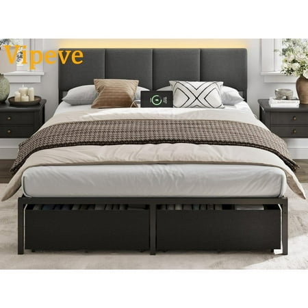 Vipeve Queen Size Bed Frame with Headboard Upholstered Bed Queen with LED Light USB Charging Station Platform Bedframe with 2 Fabric Underbed Storage Drawers No Spring Box Needed Vipeve Queen Size Bed Frame with Headboard Upholstered Bed Queen with LED Light USB Charging Station Platform Bedframe with 2 Fabric Underbed Storage Drawers No Spring Box Needed