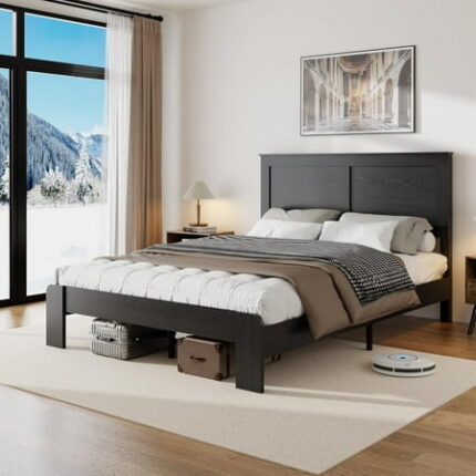 Wooden Bed Frame Full Size with Headboard Rustic Farmhouse Bedframe with Wood Slat Support No Noise No Box Spring Needed Easy Assembly Black