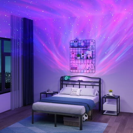 14 Inch Bed Frame Full Size with Headboard & Charging Station Heavy Duty Black Bedframe with Galaxy Aurora Projector Metal Platform Mattress Foundation Easy Assembly Ample Space Noise Free