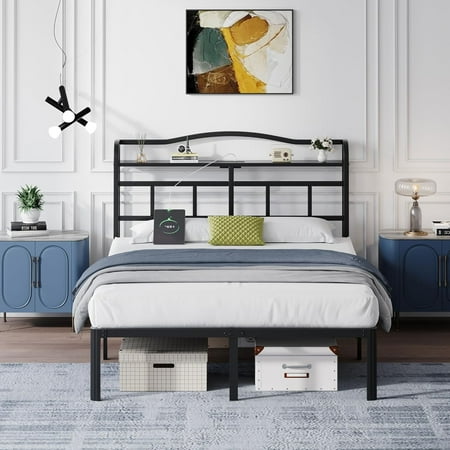 14 Inch Metal Bed Frame - Full Size Black Heavy Duty Bedframe Platform Basic Mattress Foundation with Headboard & Charging Station No Box Spring Needed/Easy Assembly 14 Inch Metal Bed Frame - Full Size Black Heavy Duty Bedframe Platform Basic Mattress Foundation with Headboard & Charging Station No Box Spring Needed/Easy Assembly