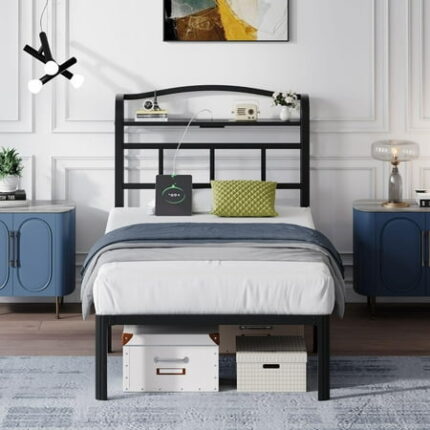 14 Inch Metal Bed Frame - Twin Size Black Heavy Duty Bedframe Platform Basic Mattress Foundation with Headboard & Charging Station No Box Spring Needed/Easy Assembly/Noise-Free