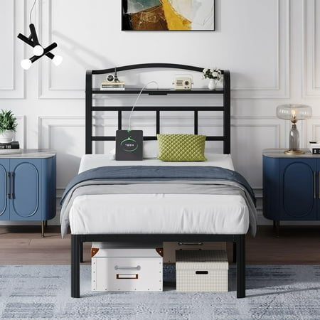 14 Inch Metal Bed Frame - Twin Size Black Heavy Duty Bedframe Platform Basic Mattress Foundation with Headboard & Charging Station No Box Spring Needed/Easy Assembly/Noise-Free 14 Inch Metal Bed Frame - Twin Size Black Heavy Duty Bedframe Platform Basic Mattress Foundation with Headboard & Charging Station No Box Spring Needed/Easy Assembly/Noise-Free