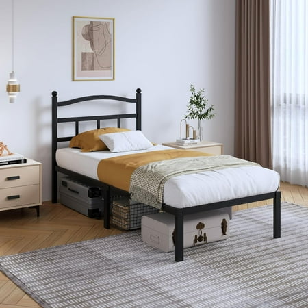 14 Inch Metal Bed Frame - Twin Size Heavy Duty Bedframe with Headboard Black Basic Steel Slats Platform No Box Spring Needed/Easy Assembly/Noise Free 14 Inch Metal Bed Frame - Twin Size Heavy Duty Bedframe with Headboard Black Basic Steel Slats Platform No Box Spring Needed/Easy Assembly/Noise Free