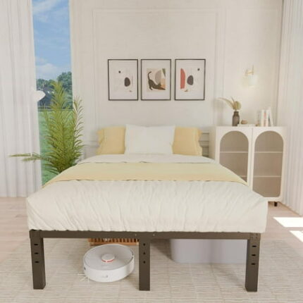 14 Inch Metal Full Size Bed Frame - Double Black Basic Steel Slats Platform Easy Assembly Heavy Duty Noise Free Bedframes No Box Spring Needed