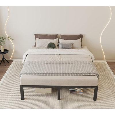 14 Inch Queen Size Bed Frame With Wood Slats - 3500Lbs Heavy Duty No Box Spring Needed Platform, Mattress Stoppers Double Metal Noise Free Bedframe Wi