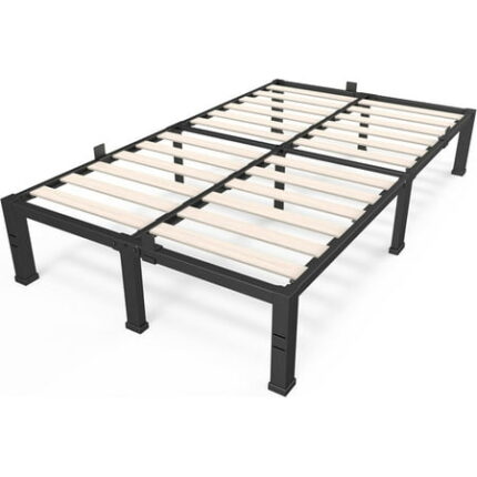 14 inch Queen Size Bed Frame with Wood Slats - 3500lbs Heavy Duty No Box Spring Needed Platform Mattress Stoppers Double Metal Noise Free Bedframe with Headboard Hole