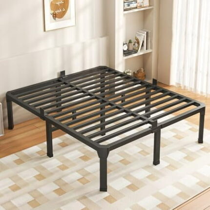 18 Inch Full Size Bed Frame with Mattress Slide Stopper - Double Black Basic Anti Squeak Steel Slats Metal Platform Heavy Duty Noise Free Easy Assembly Bedframes No Box Spring Needed