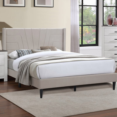 1Pc Queen Size Bed Burlap Fabric Headboard Upholstered Bedroom Furniture Platform Bedframe, Bed Frame